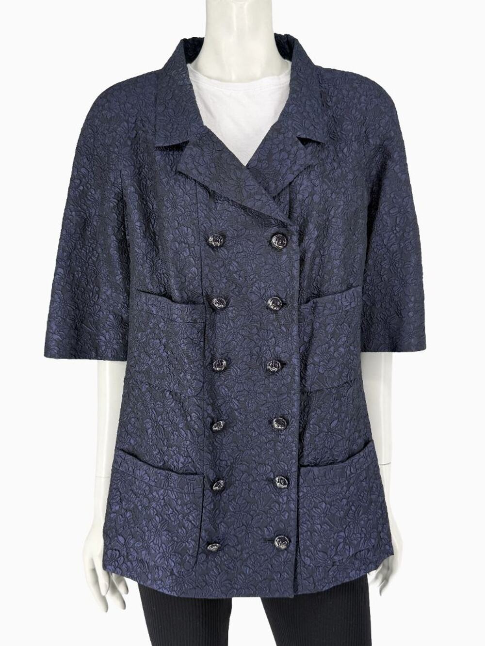 Chanel Silk Jacquard Coat Size 50 Blue Grey Double Breasted France CC Buttons